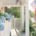 4th of July porch backdrop with blue hydrangeas and American flag