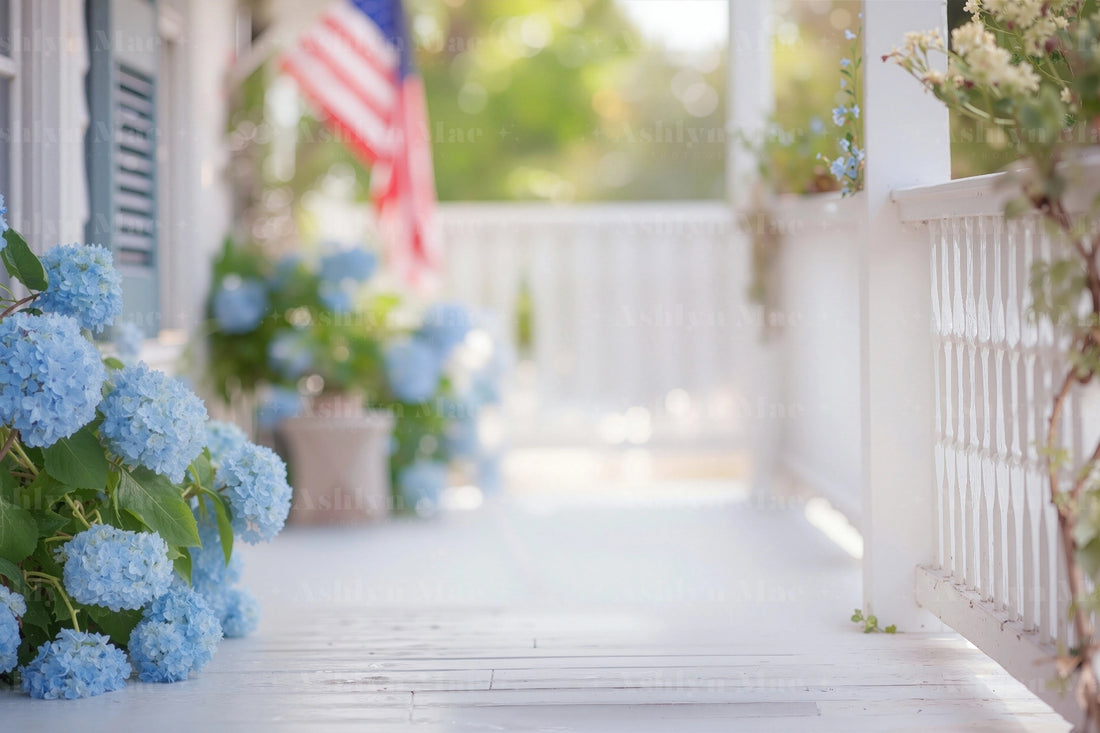 Digital background bundle featuring 4th of July themed patriotic porch scenes with American flags, hydrangeas, and summer sunlight—ideal for holiday mini session photography.