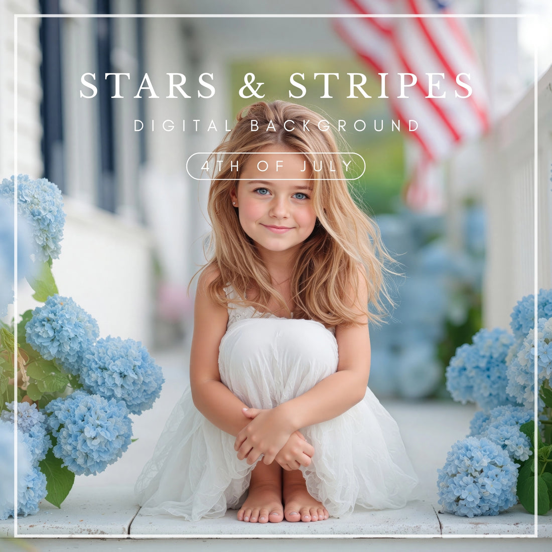 Digital background of white front porch with American flag and blue hydrangeas, perfect for 4th of July photo editing