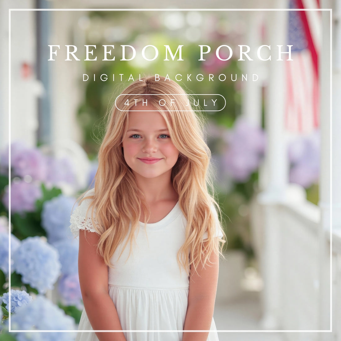 Digital background featuring pastel blue and pink hydrangeas on a white porch with American flags, perfect for 4th of July portraits