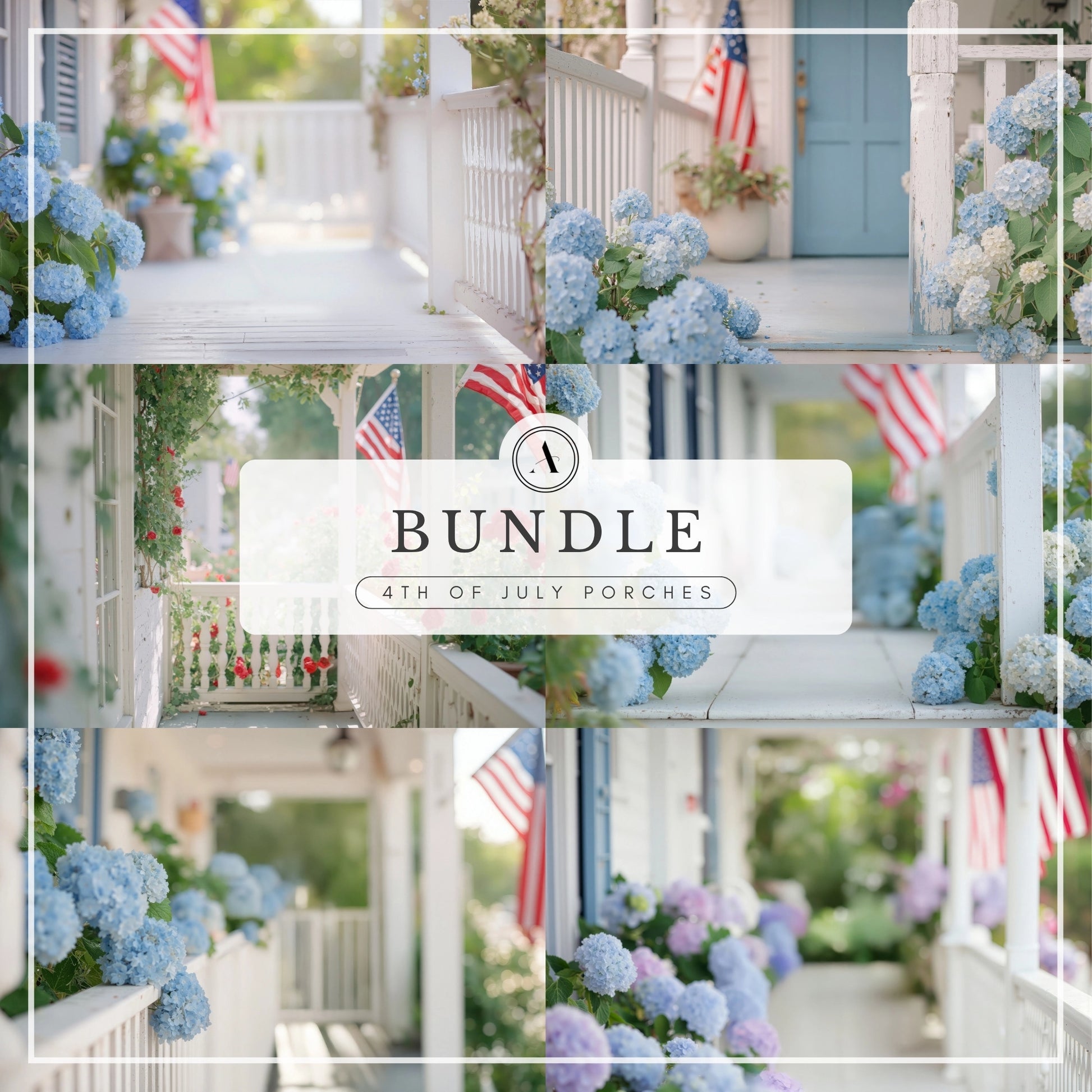Digital background bundle featuring 4th of July themed patriotic porch scenes with American flags, hydrangeas, and summer sunlight—ideal for holiday mini session photography.