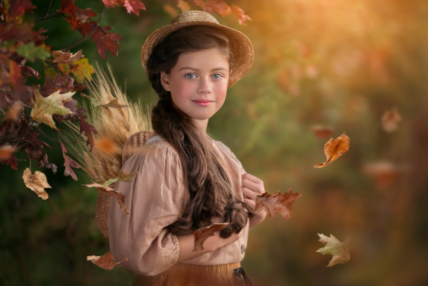 Creamy, brush-on fall blur background that adds depth and a cozy seasonal mood behind the subject.