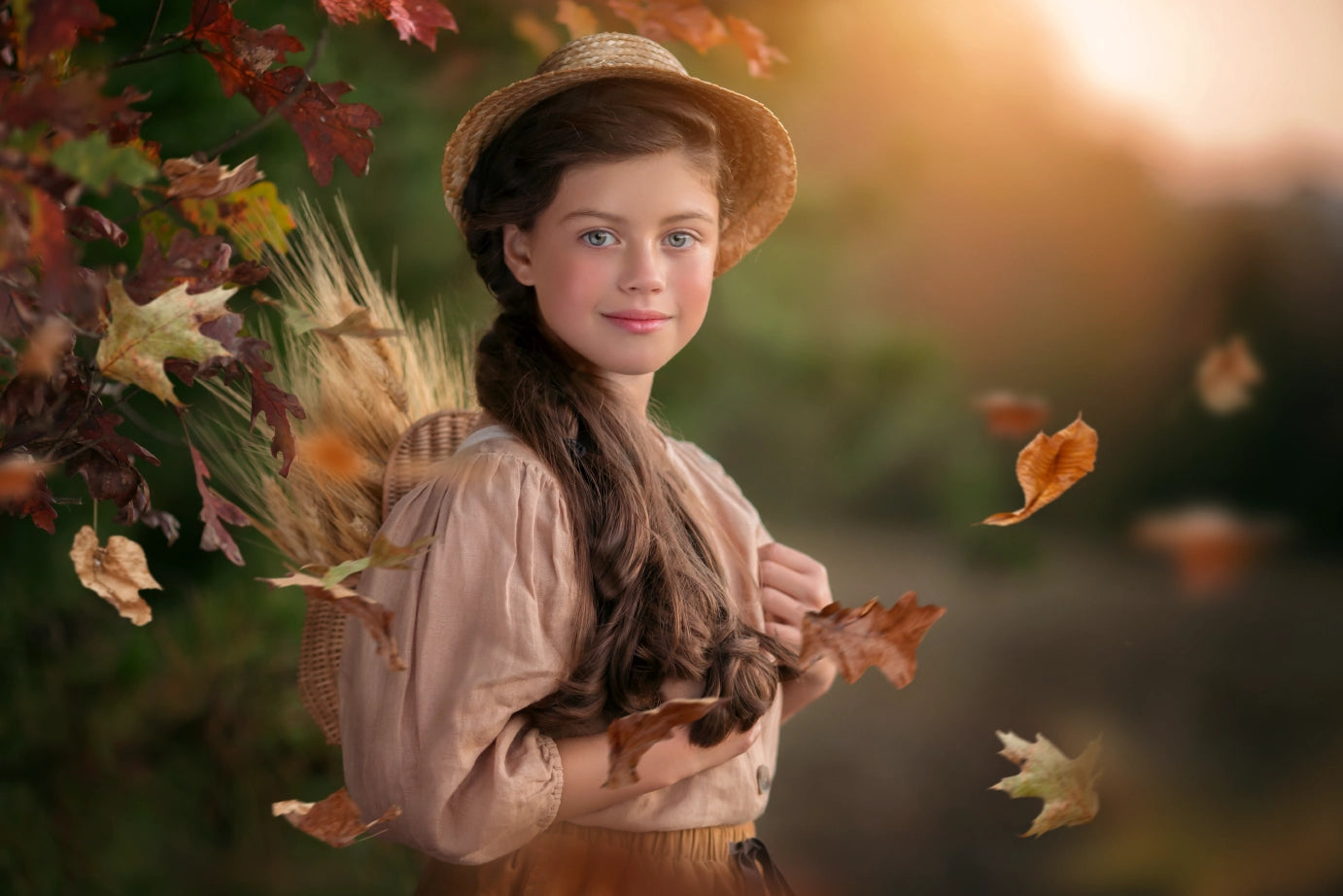 Creamy, brush-on fall blur background that adds depth and a cozy seasonal mood behind the subject.