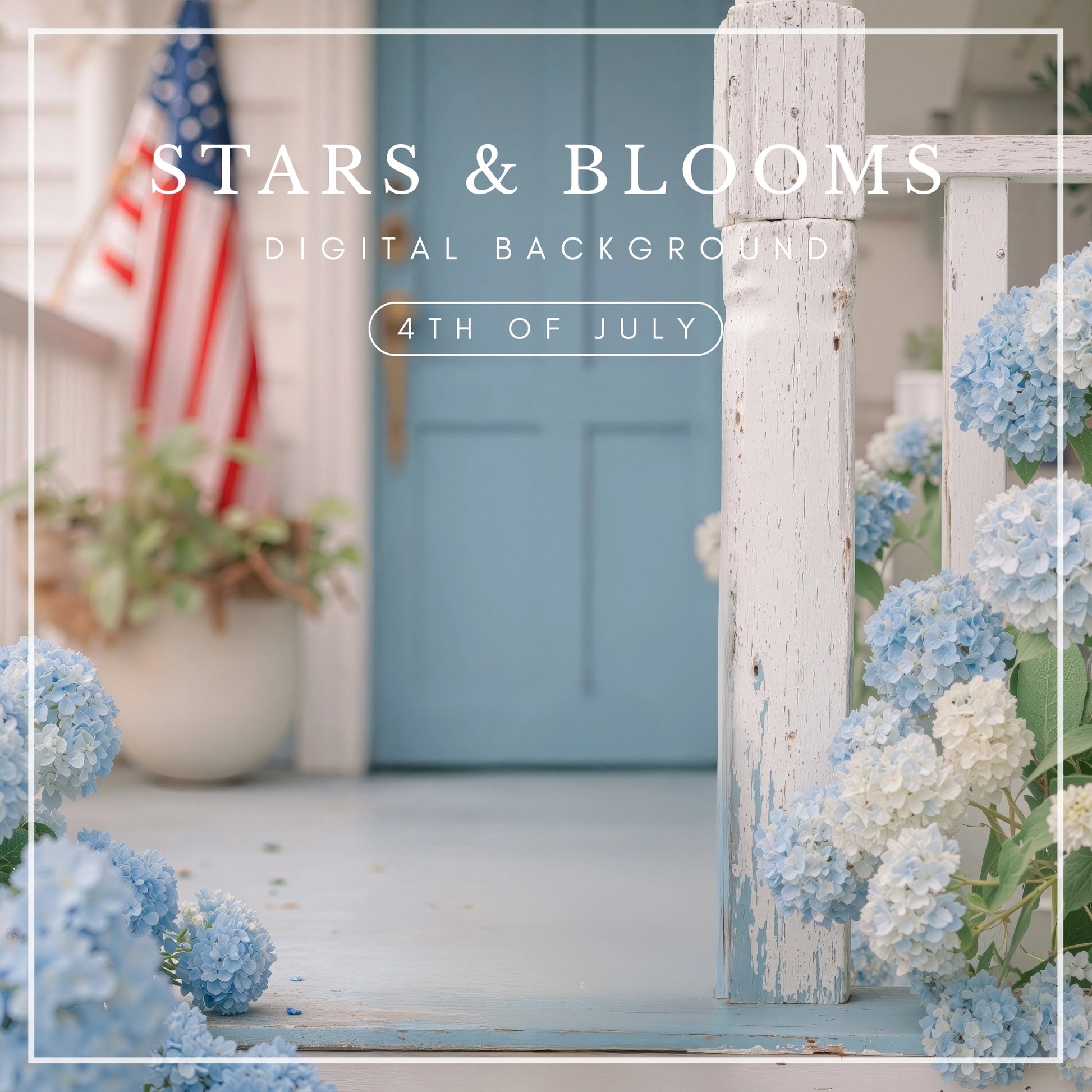 Patriotic porch with blue door, American flag, and hydrangeas for photography backdrop