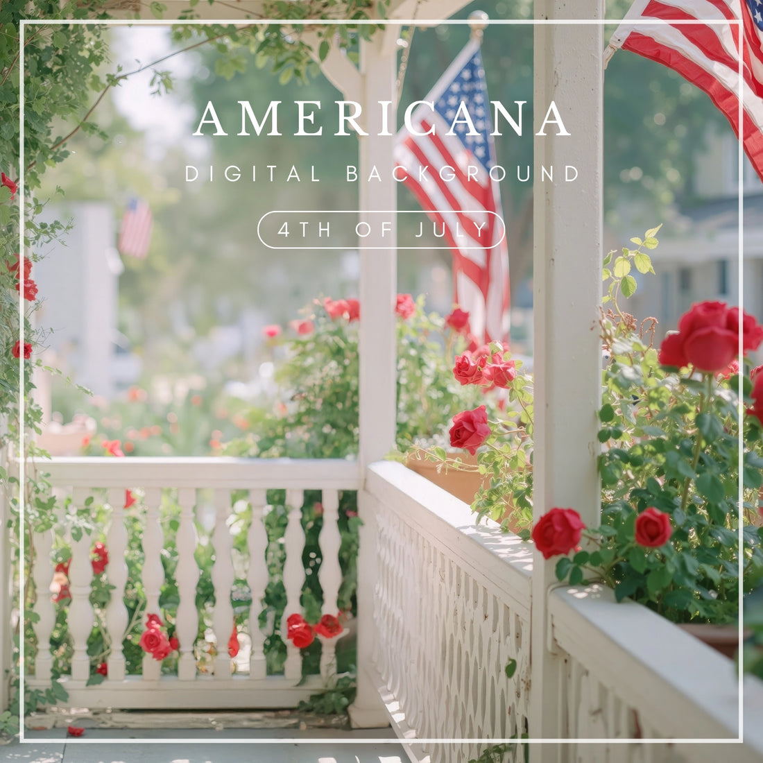 Vintage porch with red roses and American flags for 4th of July photography backdrop