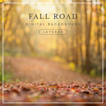 Digital background of a forest path covered in fallen autumn leaves with golden trees and soft sunlight, perfect for fall photo composites.