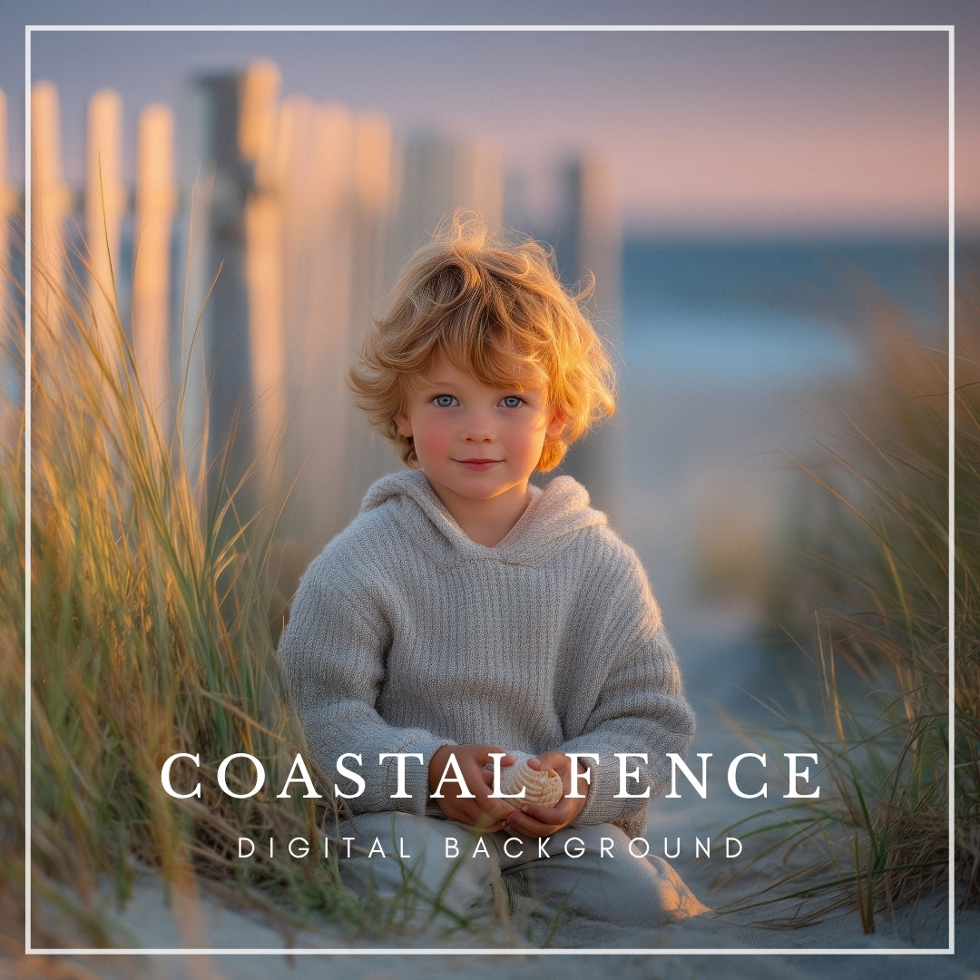 Digital backdrop of a sandy beach path with tall golden grass and a sunlit wooden fence, leading to the ocean, inspired by Cape Cod and Nantucket coastlines.