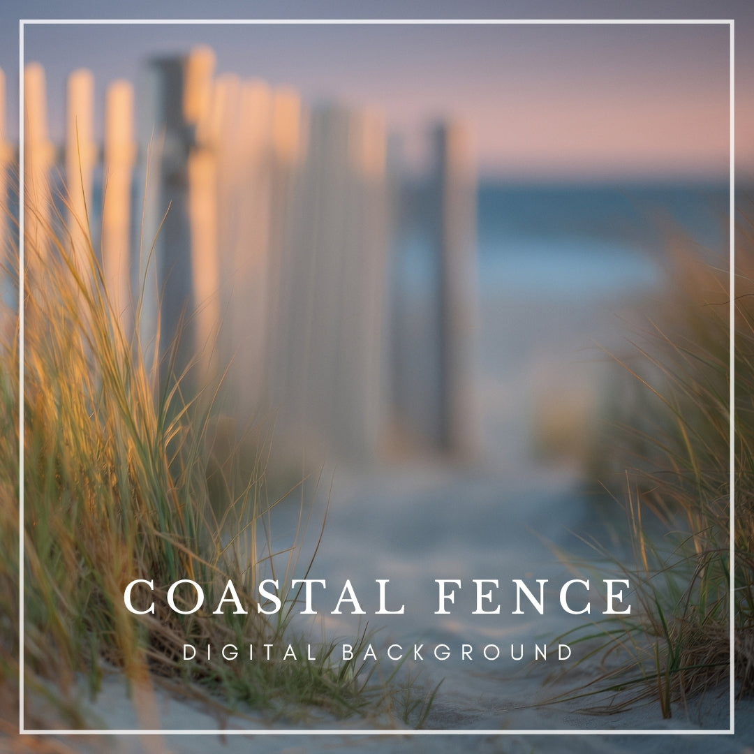 Digital backdrop of a sandy beach path with tall golden grass and a sunlit wooden fence, leading to the ocean, inspired by Cape Cod and Nantucket coastlines.