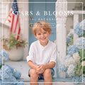 Vintage porch digital backdrop with blue flowers, white railing, and flag for photo editing
