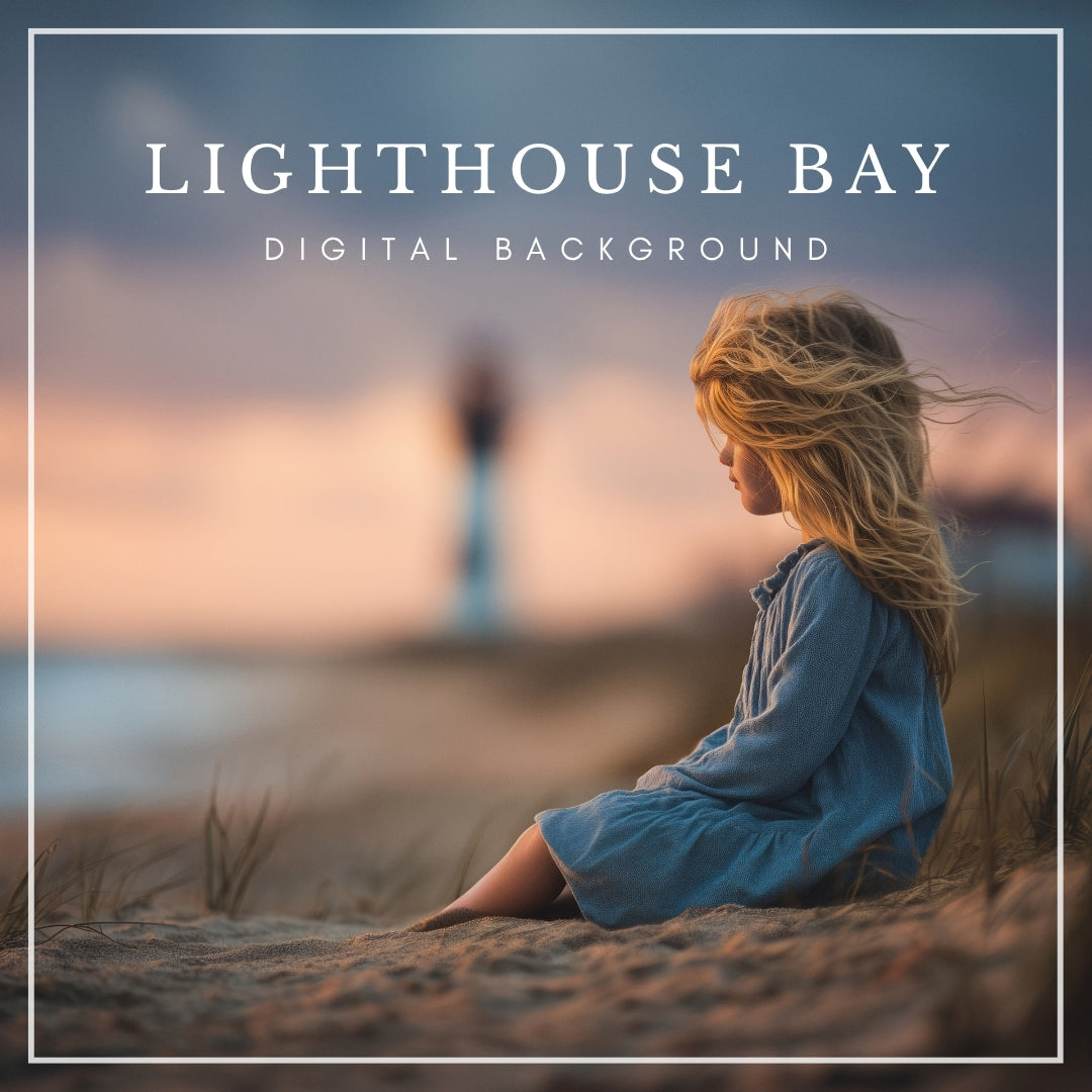 Digital backdrop of a moody coastal beach with windswept sand dunes, tall grass, and a distant lighthouse at sunset, inspired by the Outer Banks and Cape Cod.