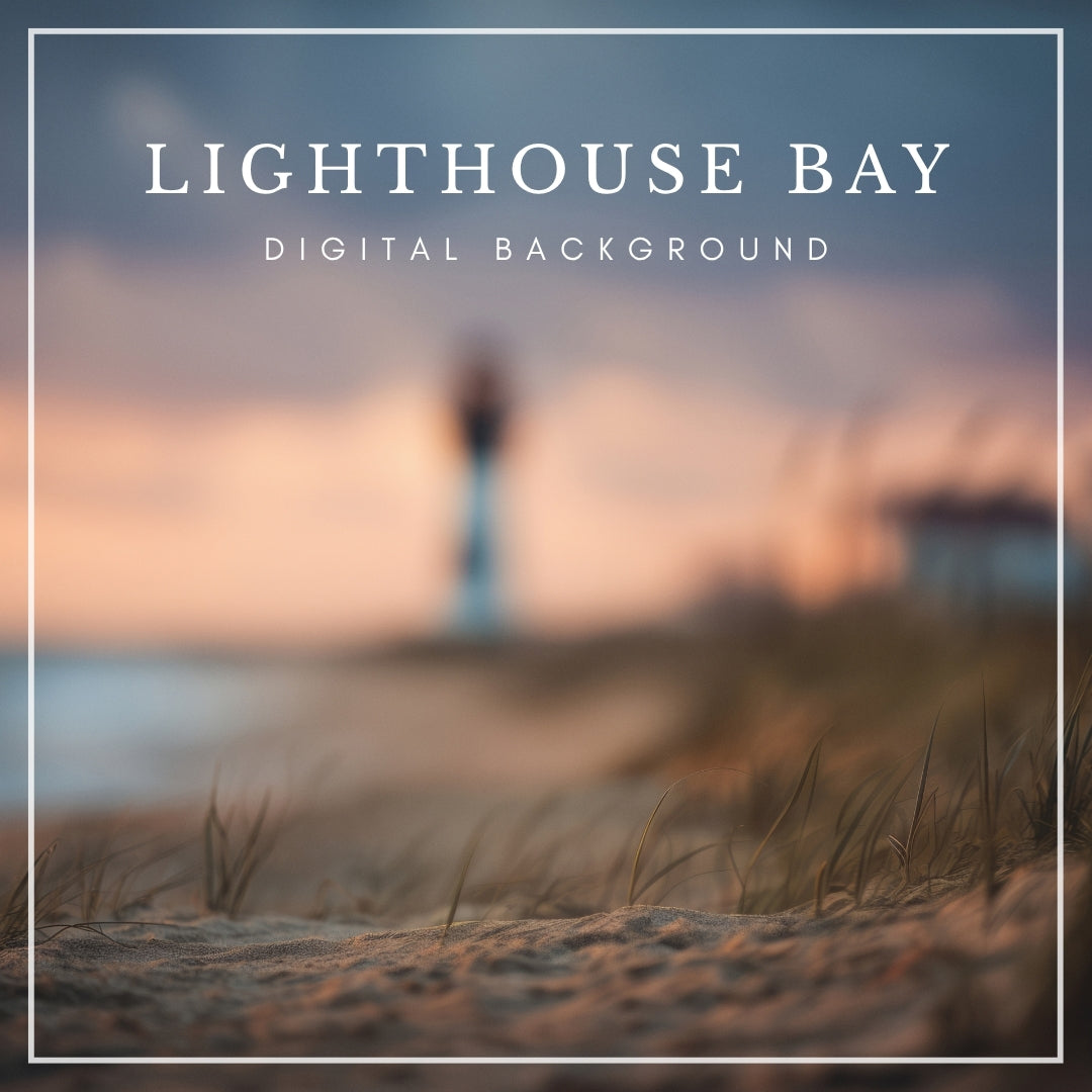 Digital backdrop of a moody coastal beach with windswept sand dunes, tall grass, and a distant lighthouse at sunset, inspired by the Outer Banks and Cape Cod.