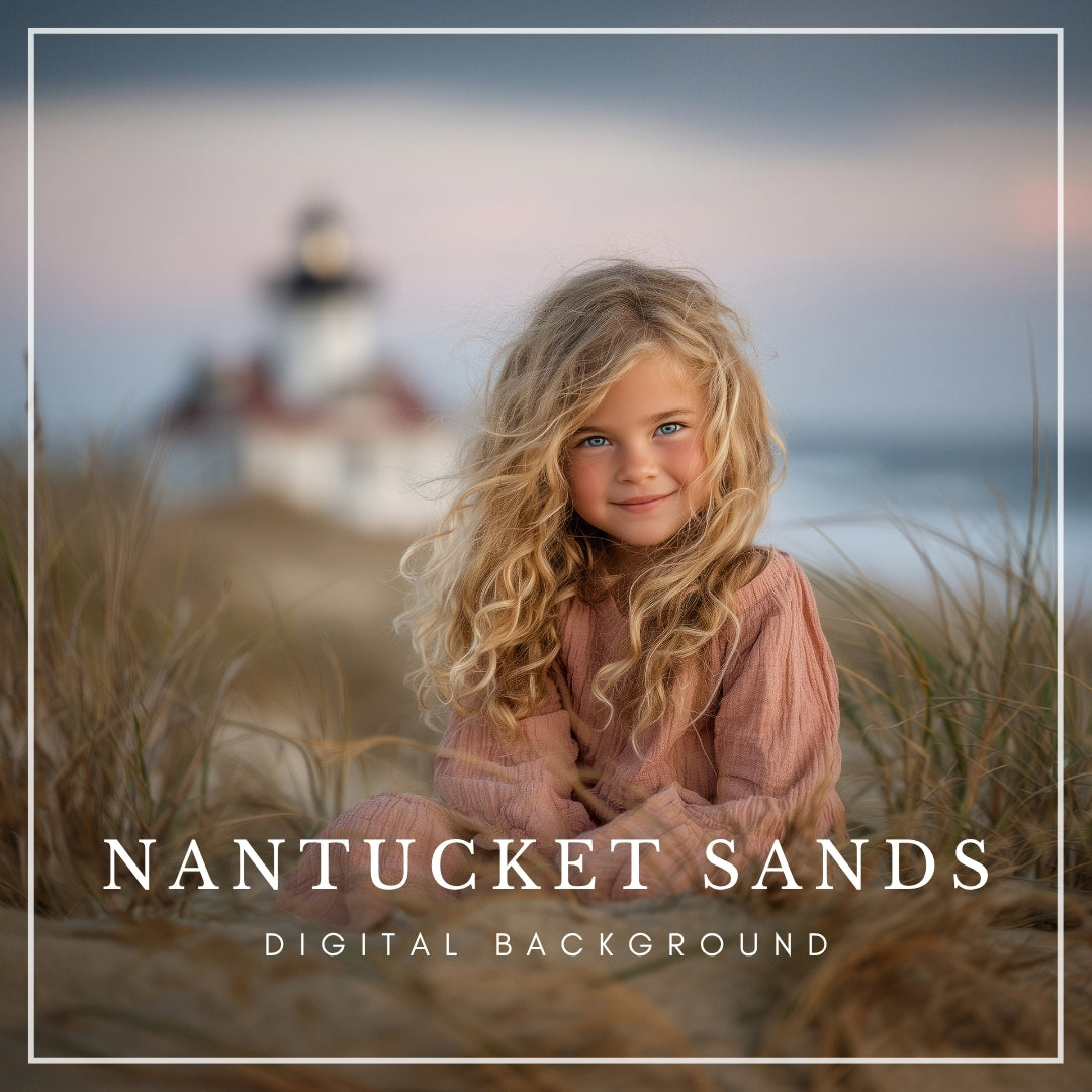 Digital backdrop of beach sand dunes with tall grass and a soft-focus lighthouse in the distance, inspired by Cape Cod and Nantucket coastal scenery.