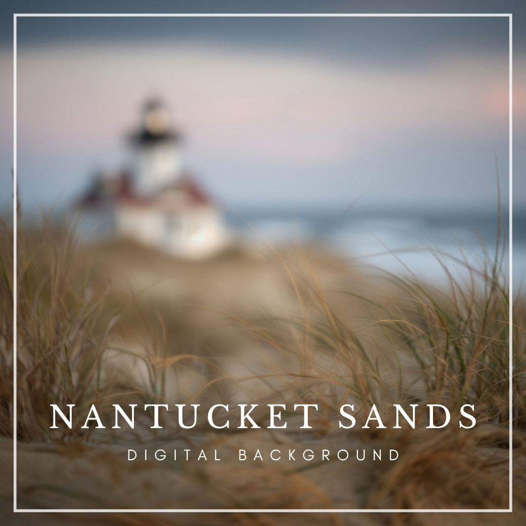 Digital backdrop of beach sand dunes with tall grass and a soft-focus lighthouse in the distance, inspired by Cape Cod and Nantucket coastal scenery.