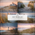 Beach-themed digital photography backdrops with sandy paths, grassy dunes, and ocean views at golden hour