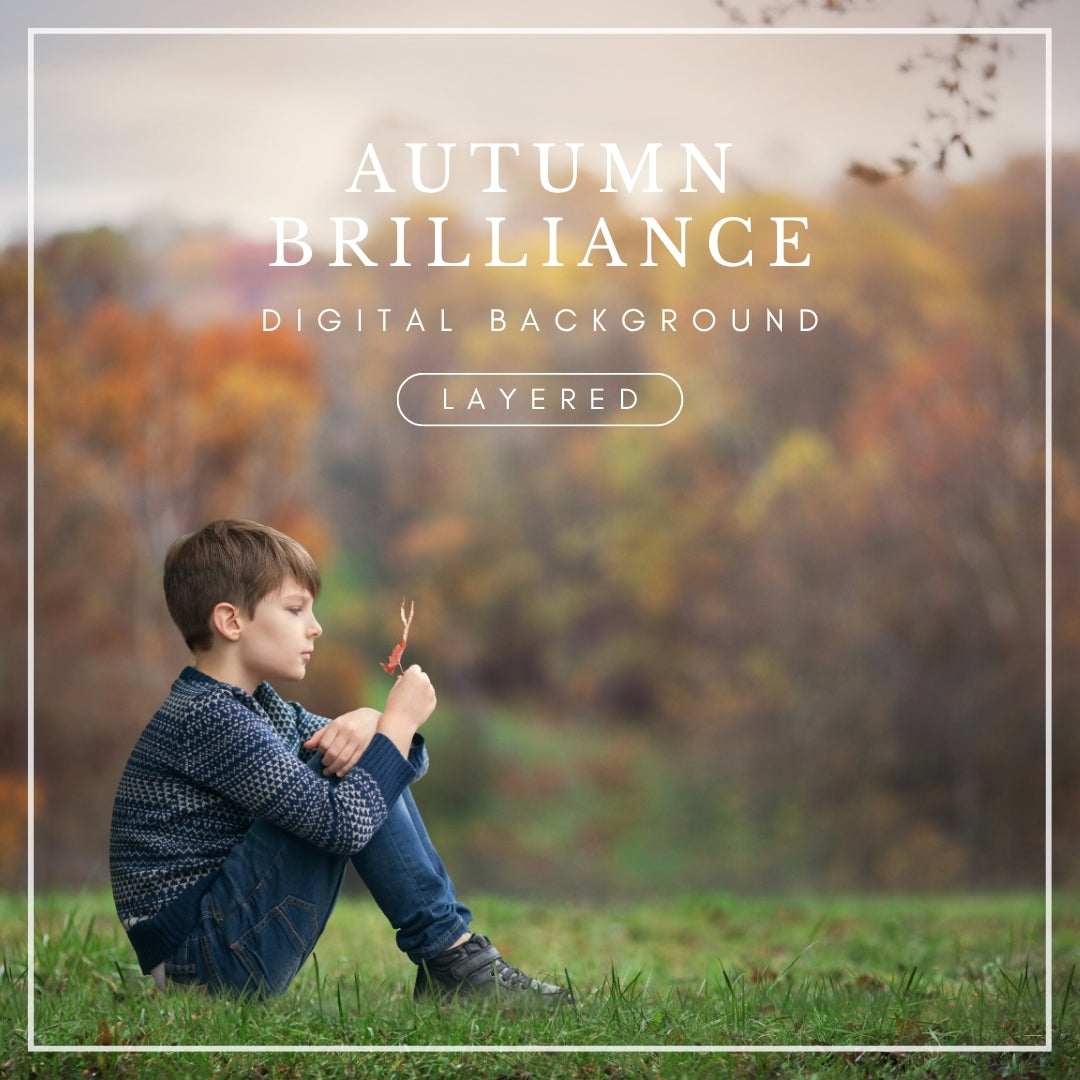 Digital background of a grassy foreground with blurred autumn trees in warm fall colors and a soft sky, perfect for seasonal photo composites.
