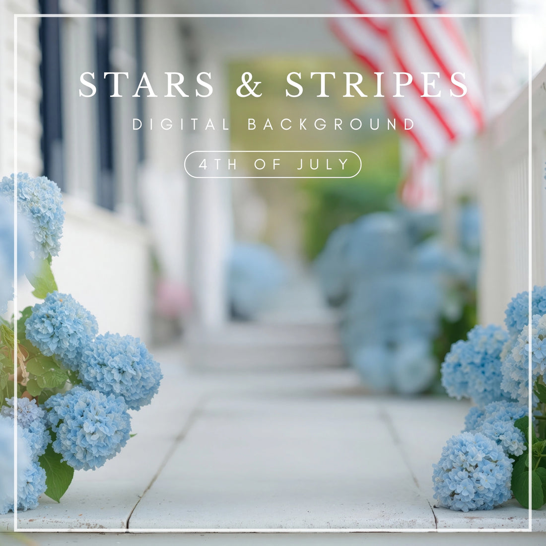 Digital background of white front porch with American flag and blue hydrangeas, perfect for 4th of July photo editing