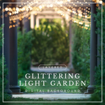 Digital background of a garden walkway with glowing string lights and lush greenery, perfect for magical or evening portrait composites.