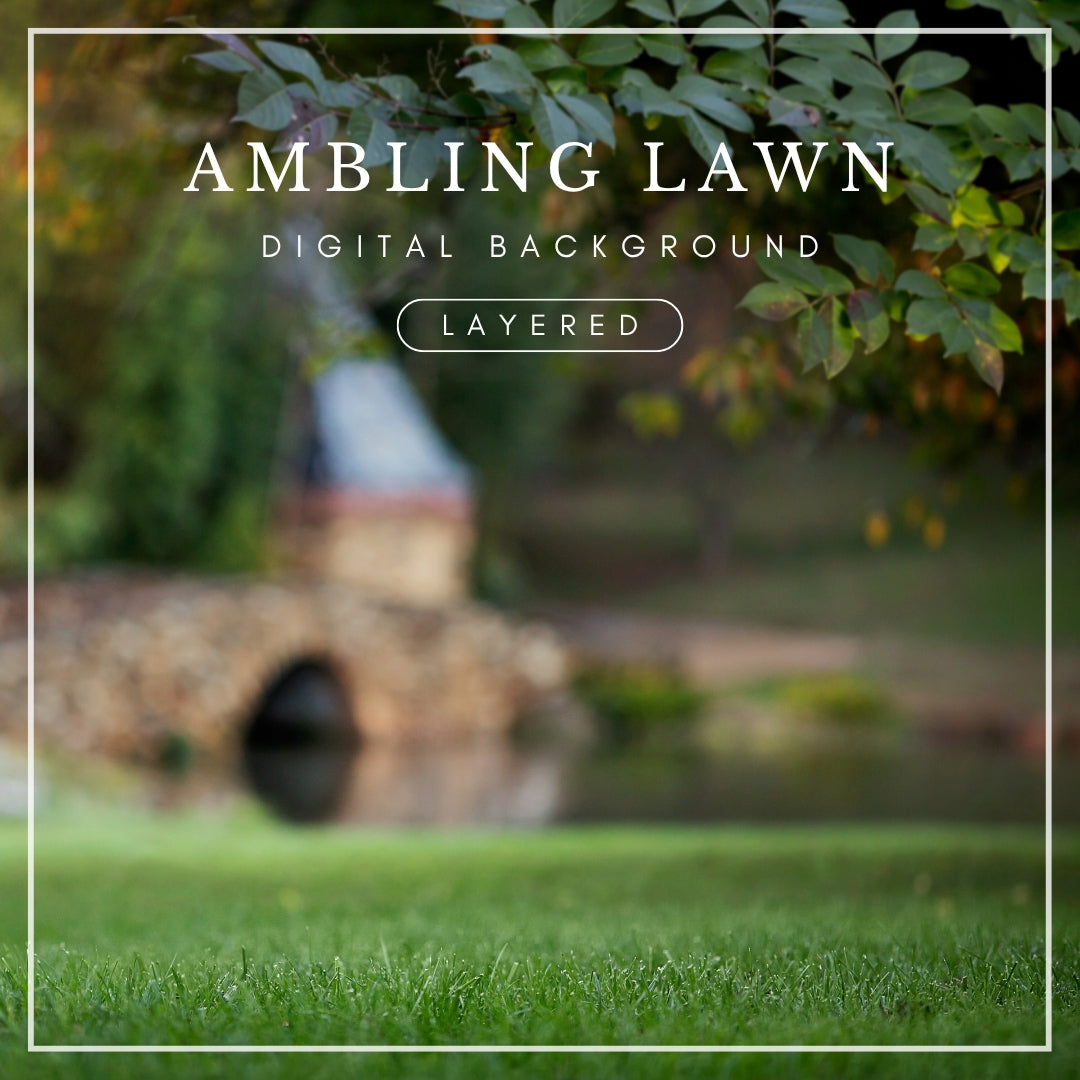 Digital background of a green grassy lawn with overhanging branches and a stone bridge near a pond, ideal for portrait composites and outdoor scenes.