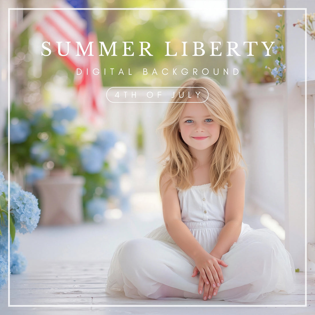American flag with blue hydrangeas on sunlit white porch for photography backdrop