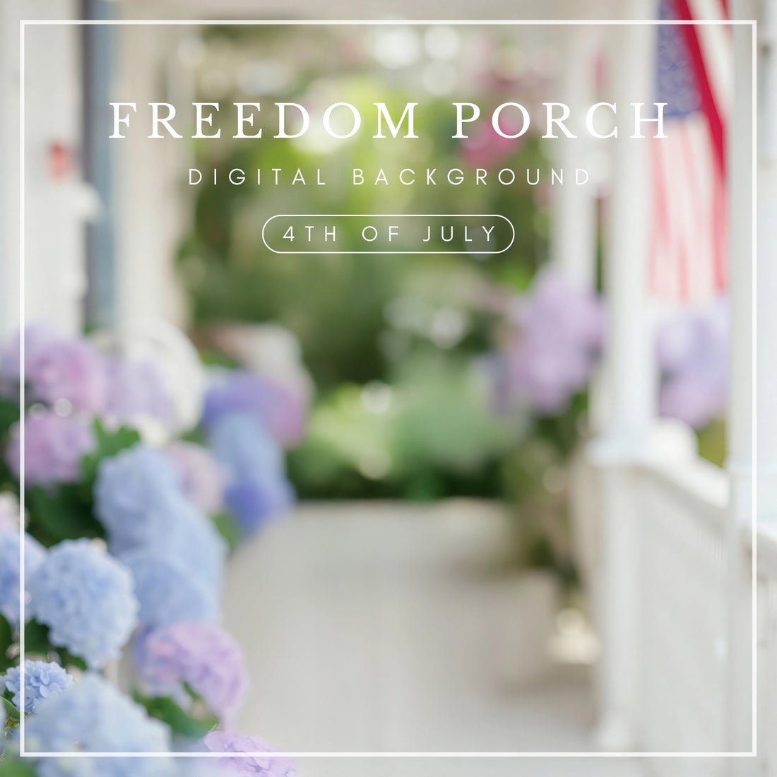 Digital background featuring pastel blue and pink hydrangeas on a white porch with American flags, perfect for 4th of July portraits