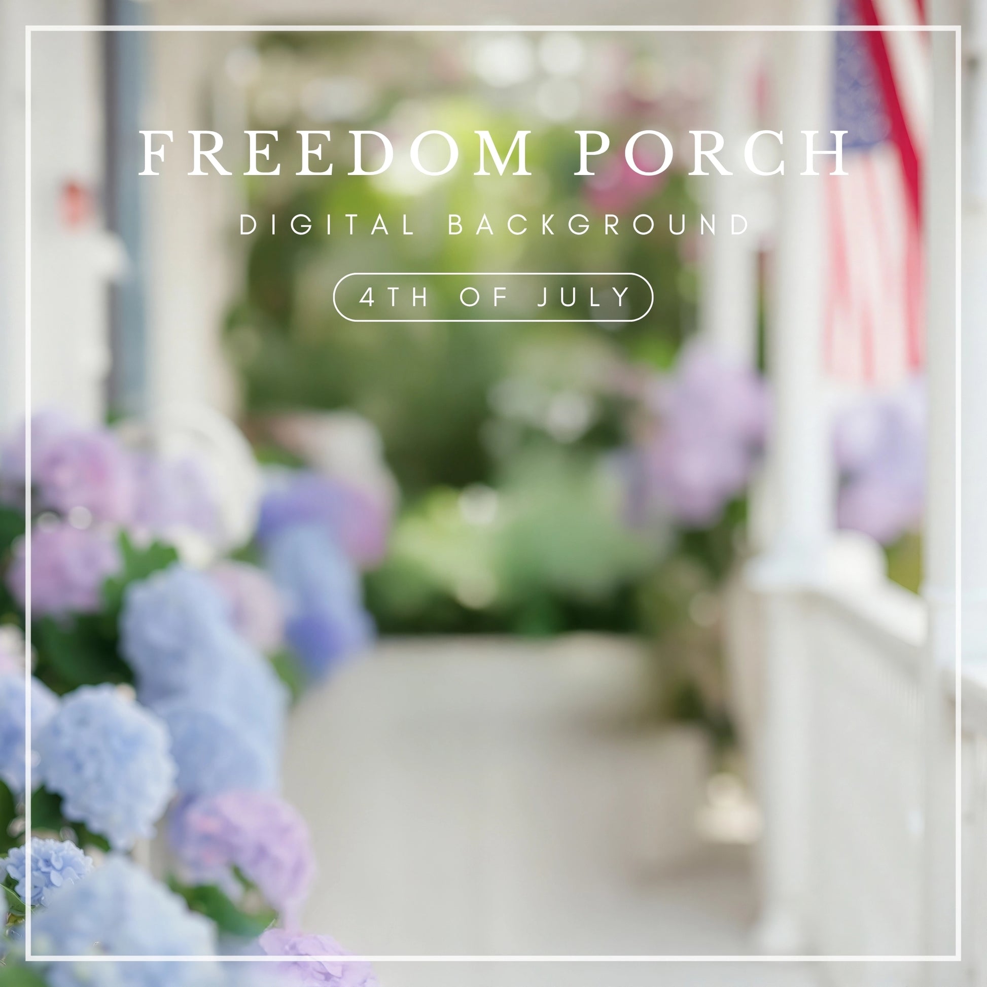 Digital background featuring pastel blue and pink hydrangeas on a white porch with American flags, perfect for 4th of July portraits