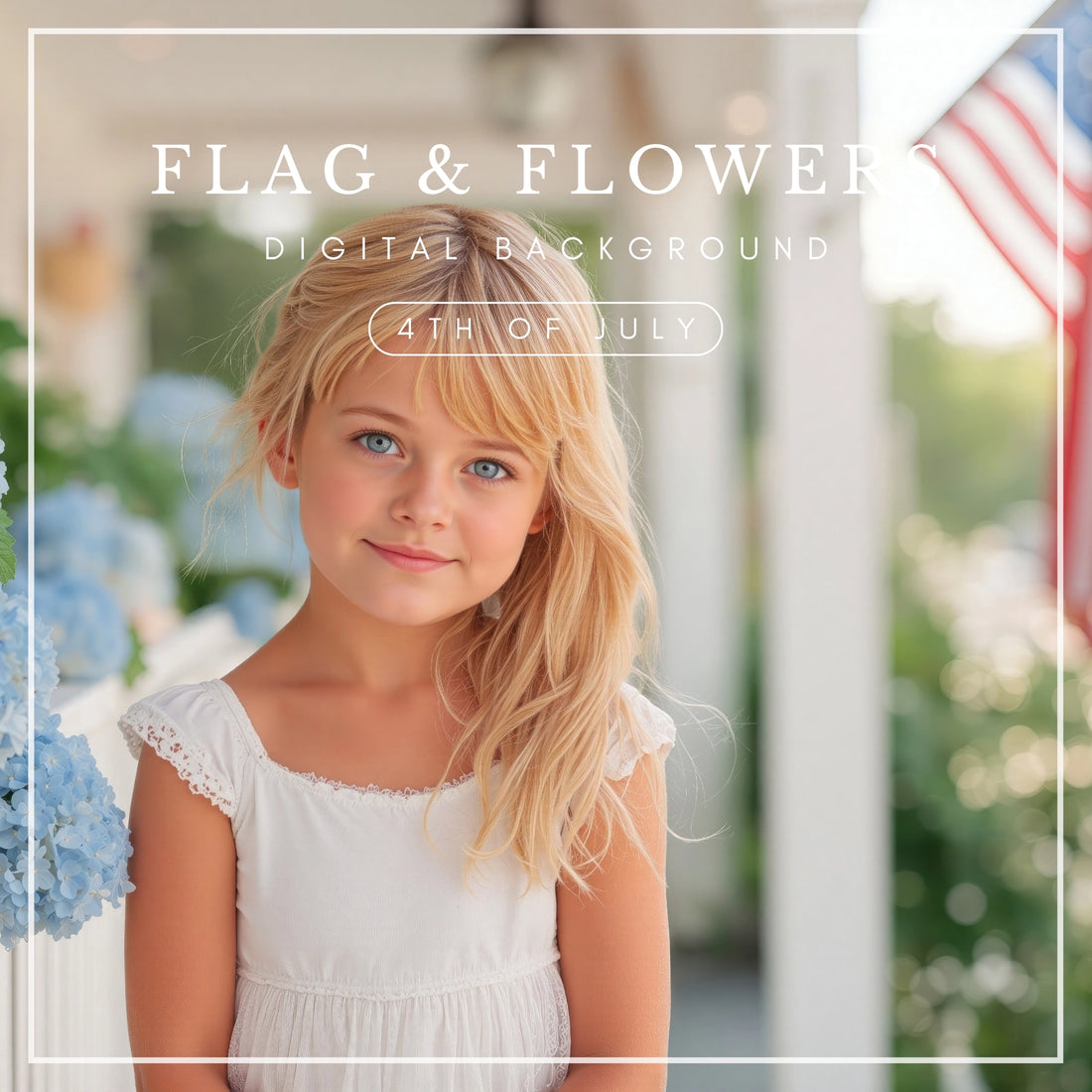 4th of July porch backdrop with blue hydrangeas and American flag