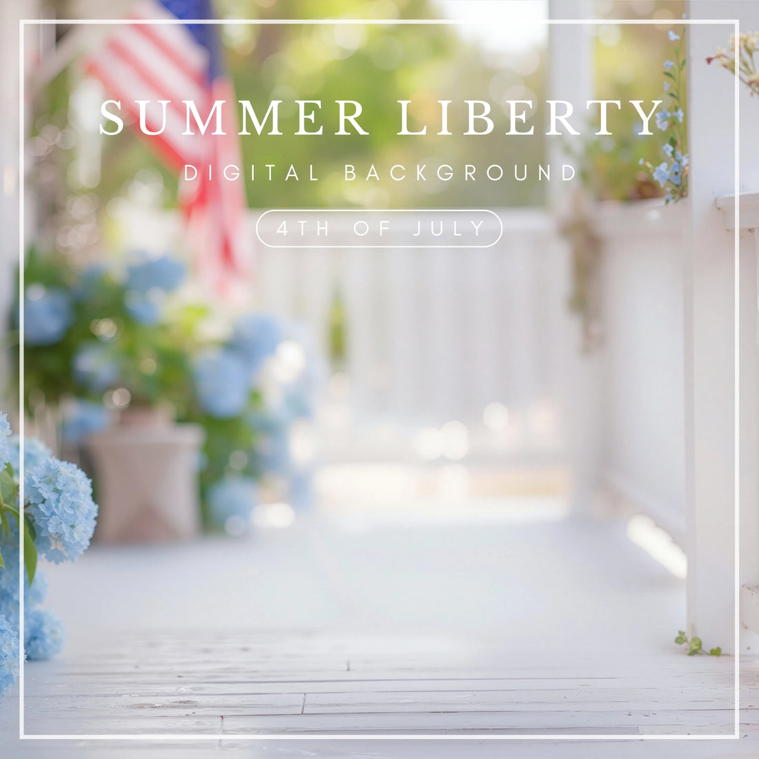 American flag with blue hydrangeas on sunlit white porch for photography backdrop