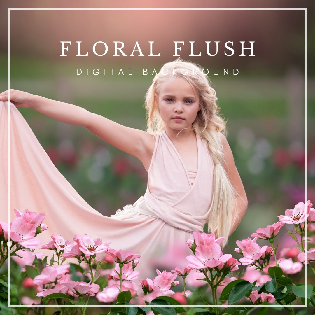Layered digital background featuring soft pink wildflowers in a garden setting with blurred green and magenta tones in the distance, ideal for photographers and portrait composites.