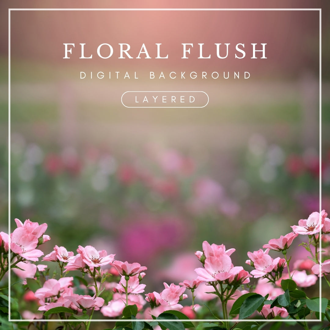Layered digital background featuring soft pink wildflowers in a garden setting with blurred green and magenta tones in the distance, ideal for photographers and portrait composites.