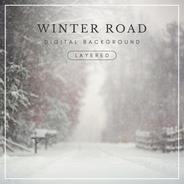 Digital background of a snowy rural road with falling snow, wooden fences, and a mailbox, ideal for winter photo composites and seasonal edits.