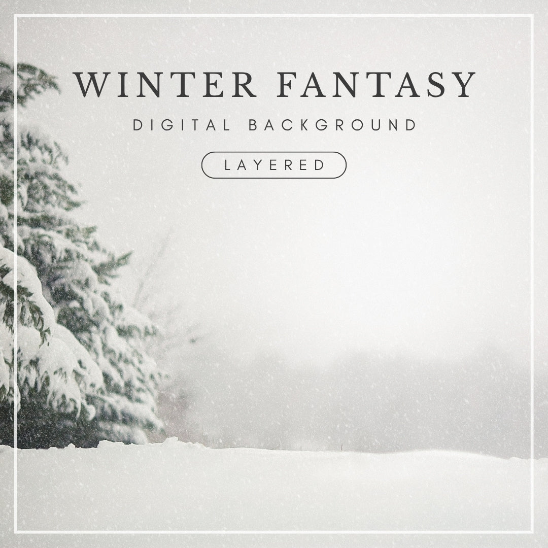 Digital background of snow-covered evergreen trees with falling snow and a soft white winter sky, ideal for holiday photo composites and seasonal edits.
