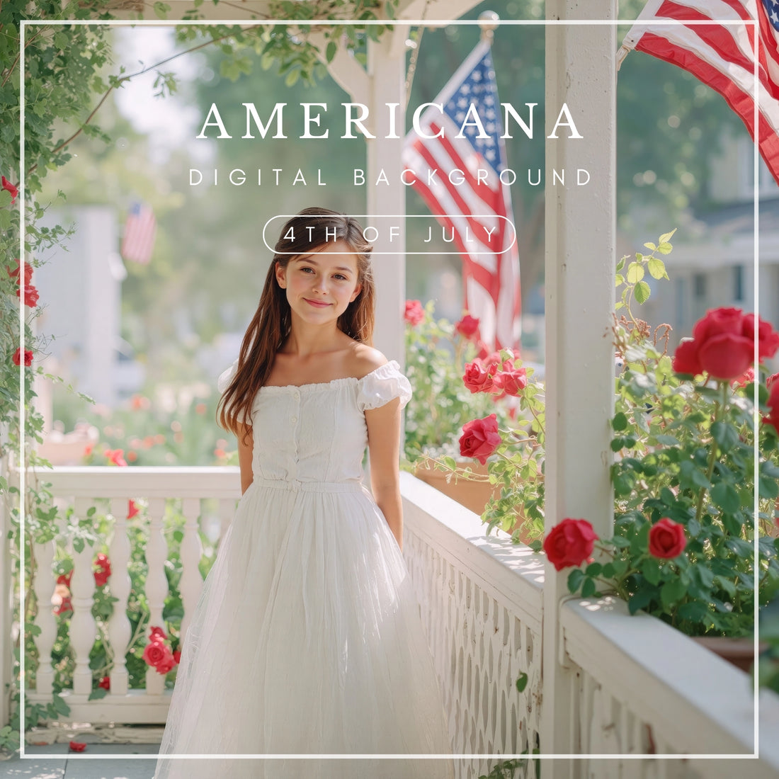Vintage porch with red roses and American flags for 4th of July photography backdrop