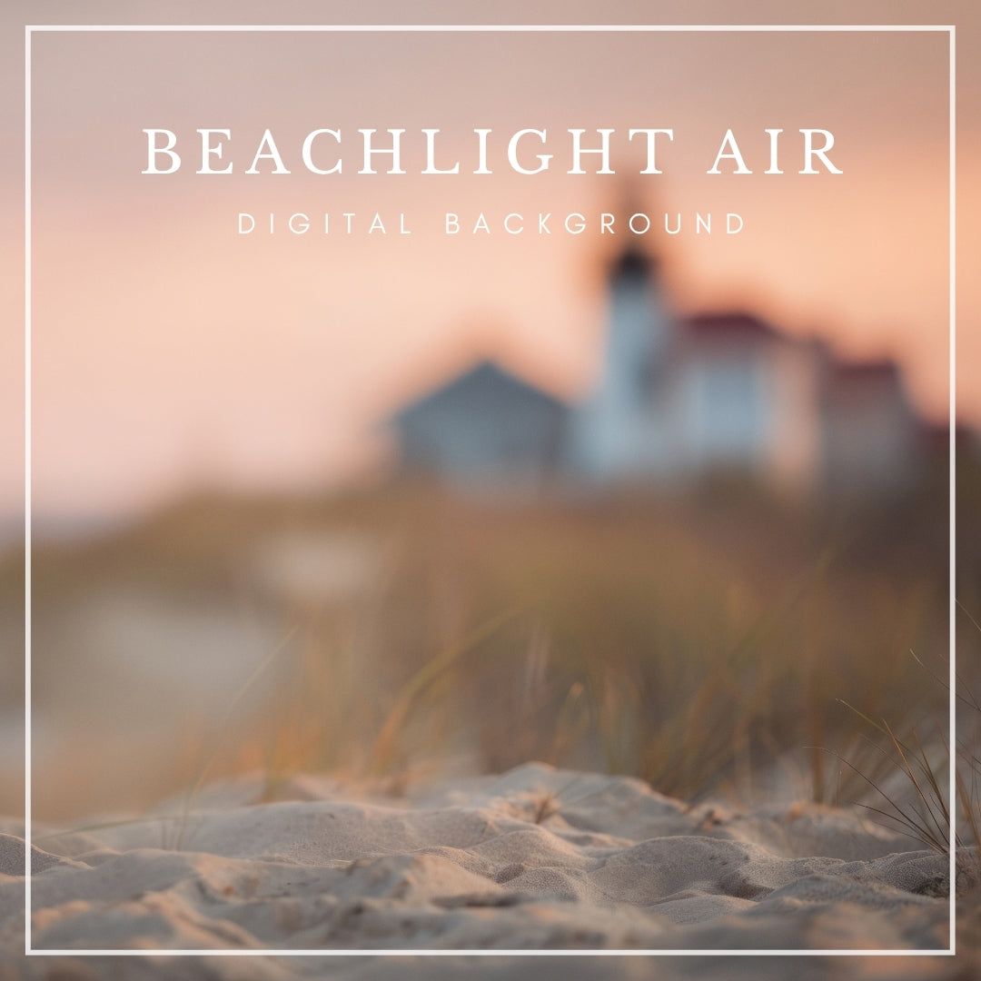 Soft-focus digital background featuring coastal sand dunes, beach grass, and a distant lighthouse glowing at sunset, inspired by Cape Cod and the Outer Banks.