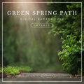 Digital background of a sunlit garden path surrounded by vibrant green spring foliage, ideal for dreamy photo composites and portrait editing.