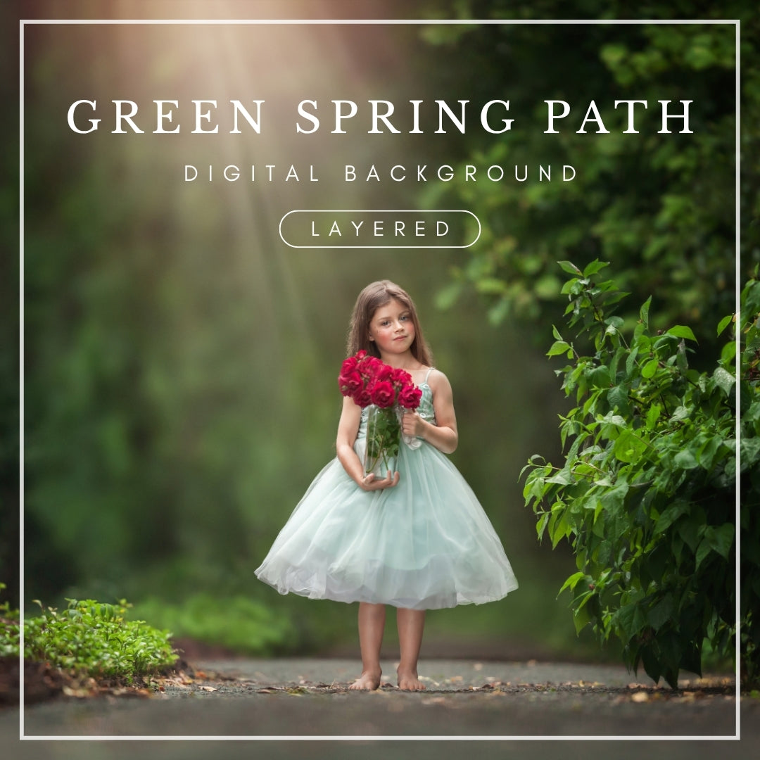 Digital background of a sunlit garden path surrounded by vibrant green spring foliage, ideal for dreamy photo composites and portrait editing.