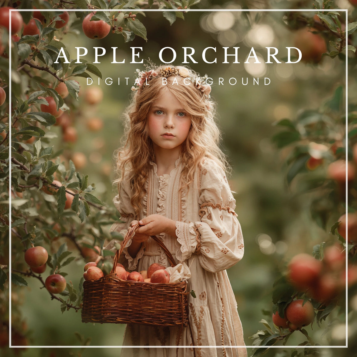 Digital background of red apples hanging from leafy apple tree branches framing a softly blurred orchard, ideal for fall portrait photography and photo composites.