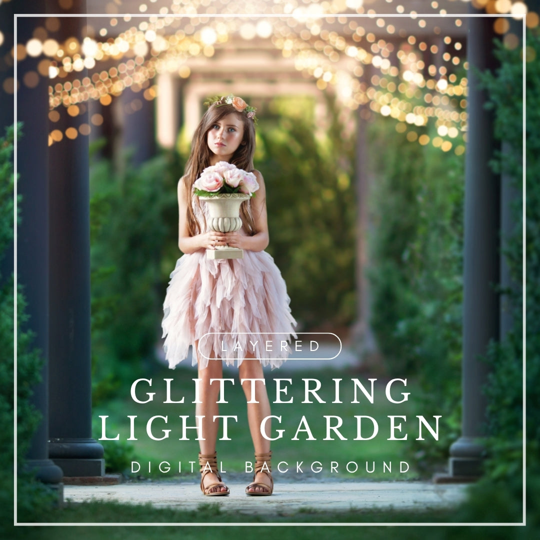 Digital background of a garden walkway with glowing string lights and lush greenery, perfect for magical or evening portrait composites.