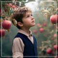 Misty apple orchard digital background with ripe red apples, autumn foliage, and dreamy green bokeh, ideal for fall portraits and children's photography composites.