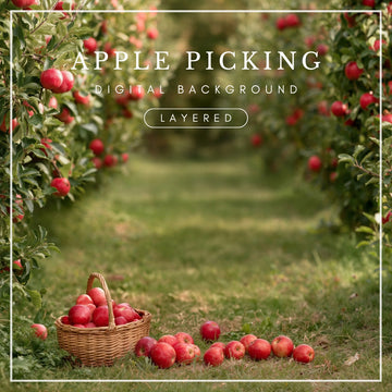 Digital background featuring a grassy pathway between rows of apple trees, with a wicker basket filled with red apples and freshly fallen apples scattered across the grass.