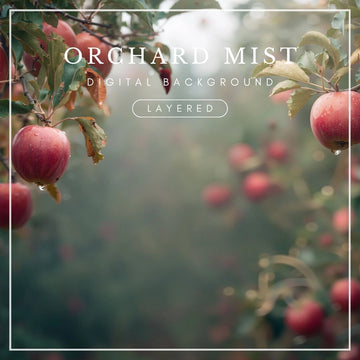 Digital background featuring red apples hanging from leafy tree branches, framing a softly blurred green orchard with misty light and delicate bokeh.
