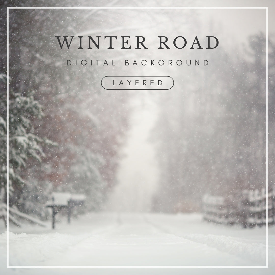 Digital background of a snowy rural road with falling snow, wooden fences, and a mailbox, ideal for winter photo composites and seasonal edits.